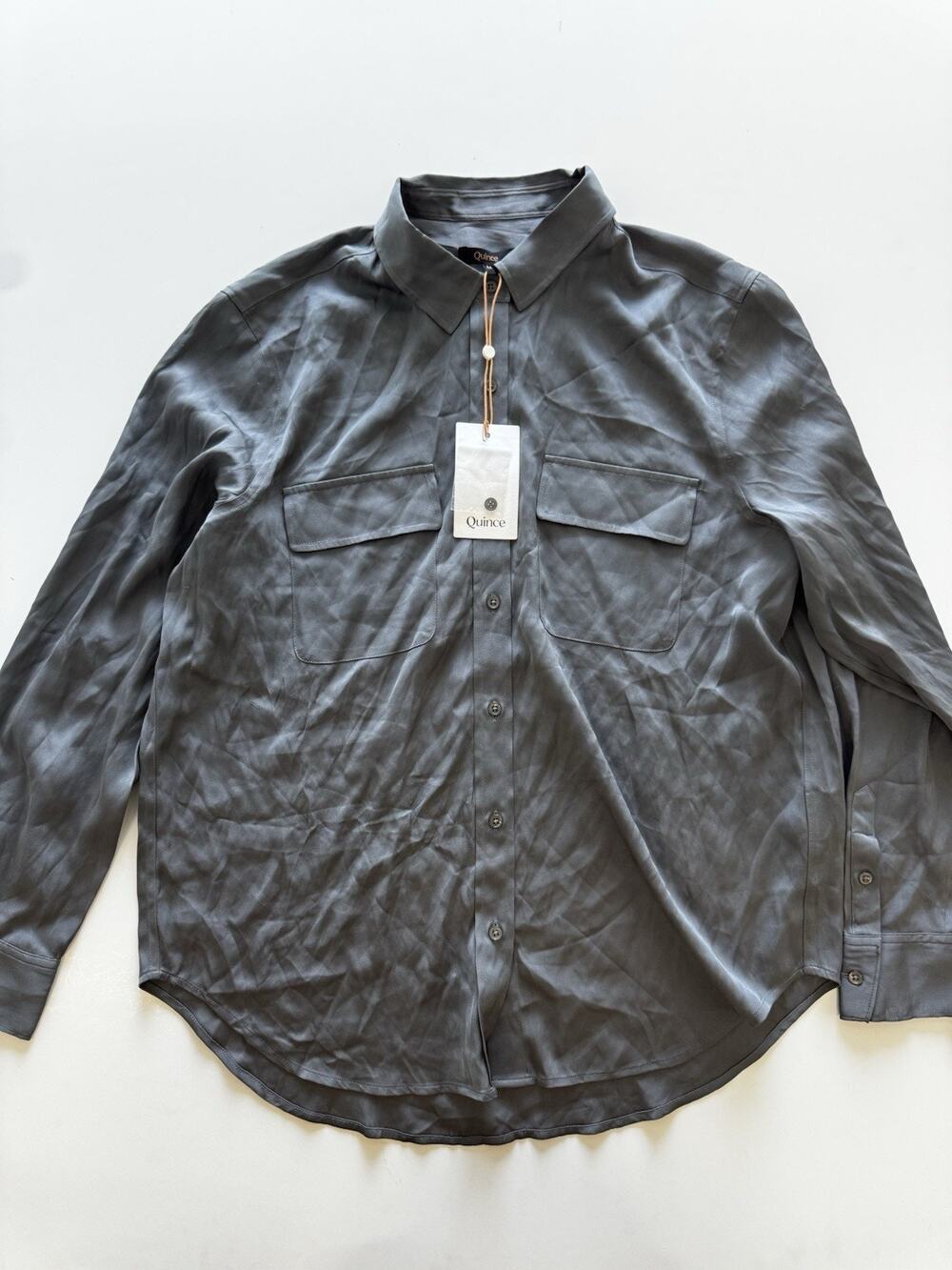 Quince Washable Stretch Silk Two Pocket Blouse / Lava Smoke Medium